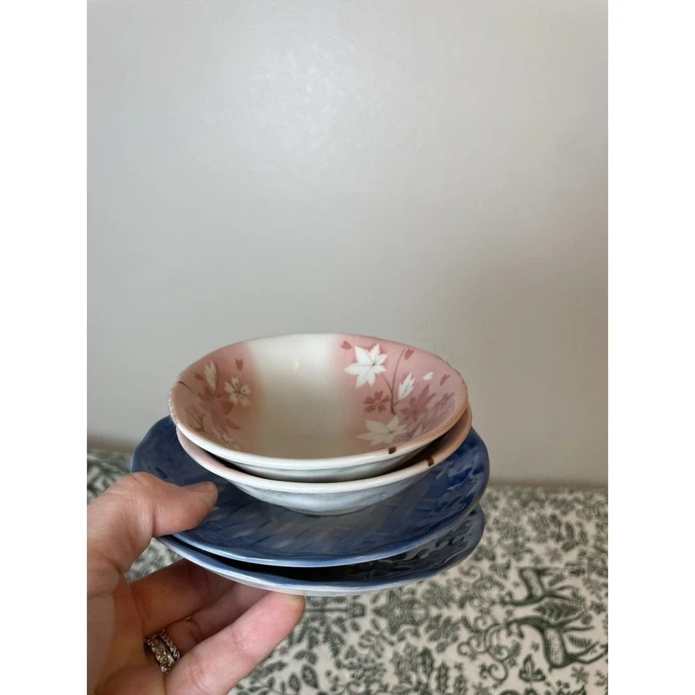Vintage made in Japan Cherry Blossom Dish Plate Set For‎ 2 Blue & Pink Bamboo